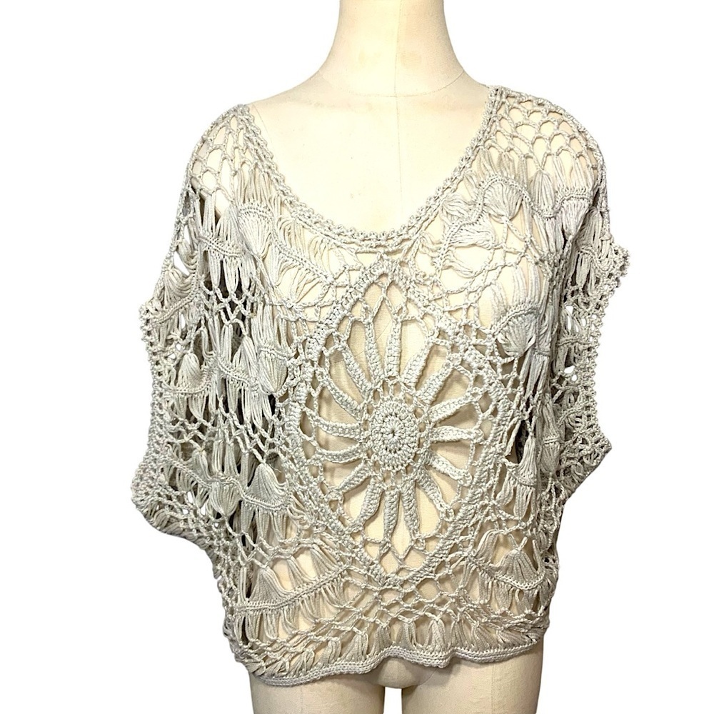 Handmade Crochet Knit Sweater Beige O/S Boho Short Dolman Sleeve Pullover Top